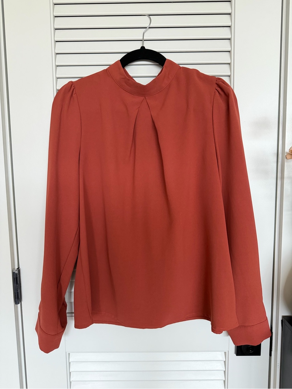 SHEIN Rust High Neck Pleated Long Sleeve Blouse